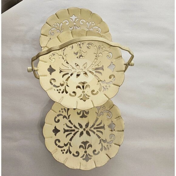 Serving Tray 3 Tier vtg cream punched metal filigree folding snack sample appeti - Picture 3 of 10